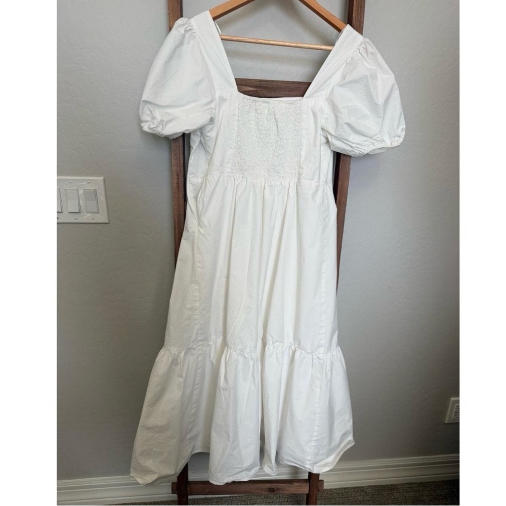 White Midi Dress with Puff Sleeves and Side Slit Graduation